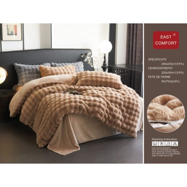 Lenjerie de pat Luxury, blană artificială de iepure, 4 piese, maro