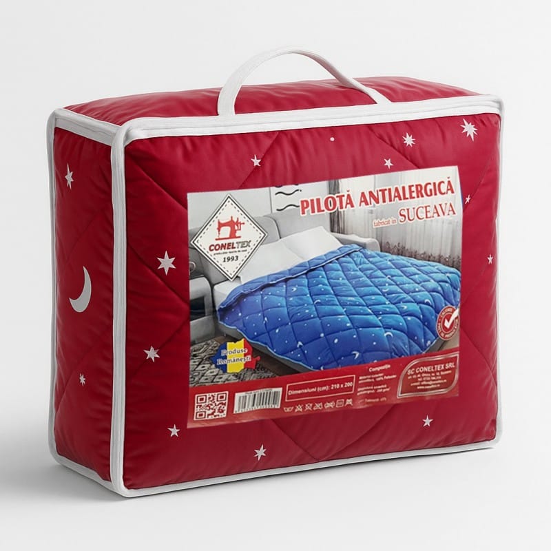 Pilota de iarna pufoasa antialergica, rosie cu stelute, 180x200 cm – usoara, calduroasa si confortabila - imagine 2