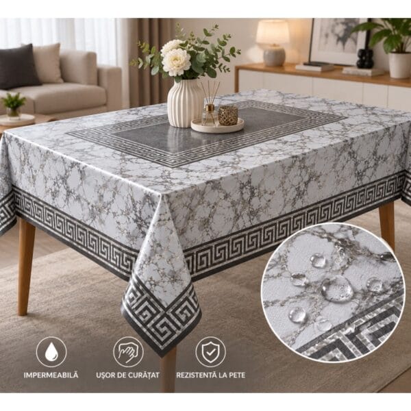 Fata de masa impermeabila tip musama, PVC 5D Gama Lux, 120x150 cm, dreptunghiulara, model marmura alb-negru, eleganta si rezistenta