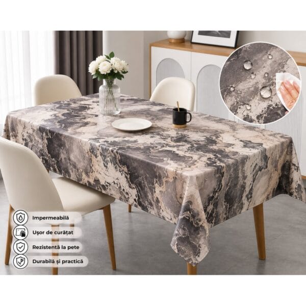 Fata de masa impermeabila tip musama, PVC/textil, latime 140cm, dreptunghiulara, design elegant model marmura, eleganta si rezistenta