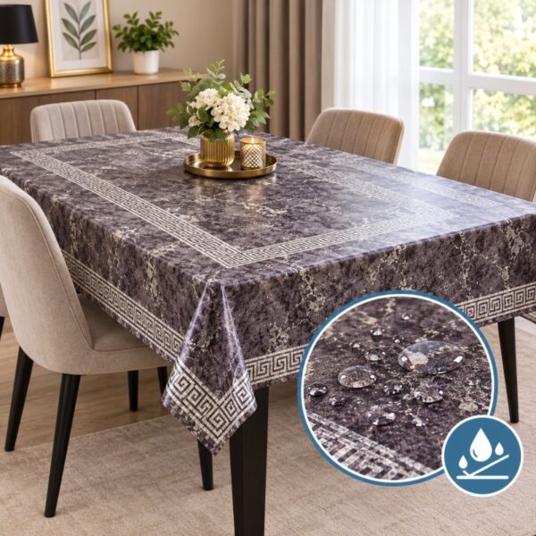 Fata de masa impermeabila tip musama, PVC 5D Gama Lux, 120x150 cm, dreptunghiulara, model maro cu auriu, eleganta si rezistenta
